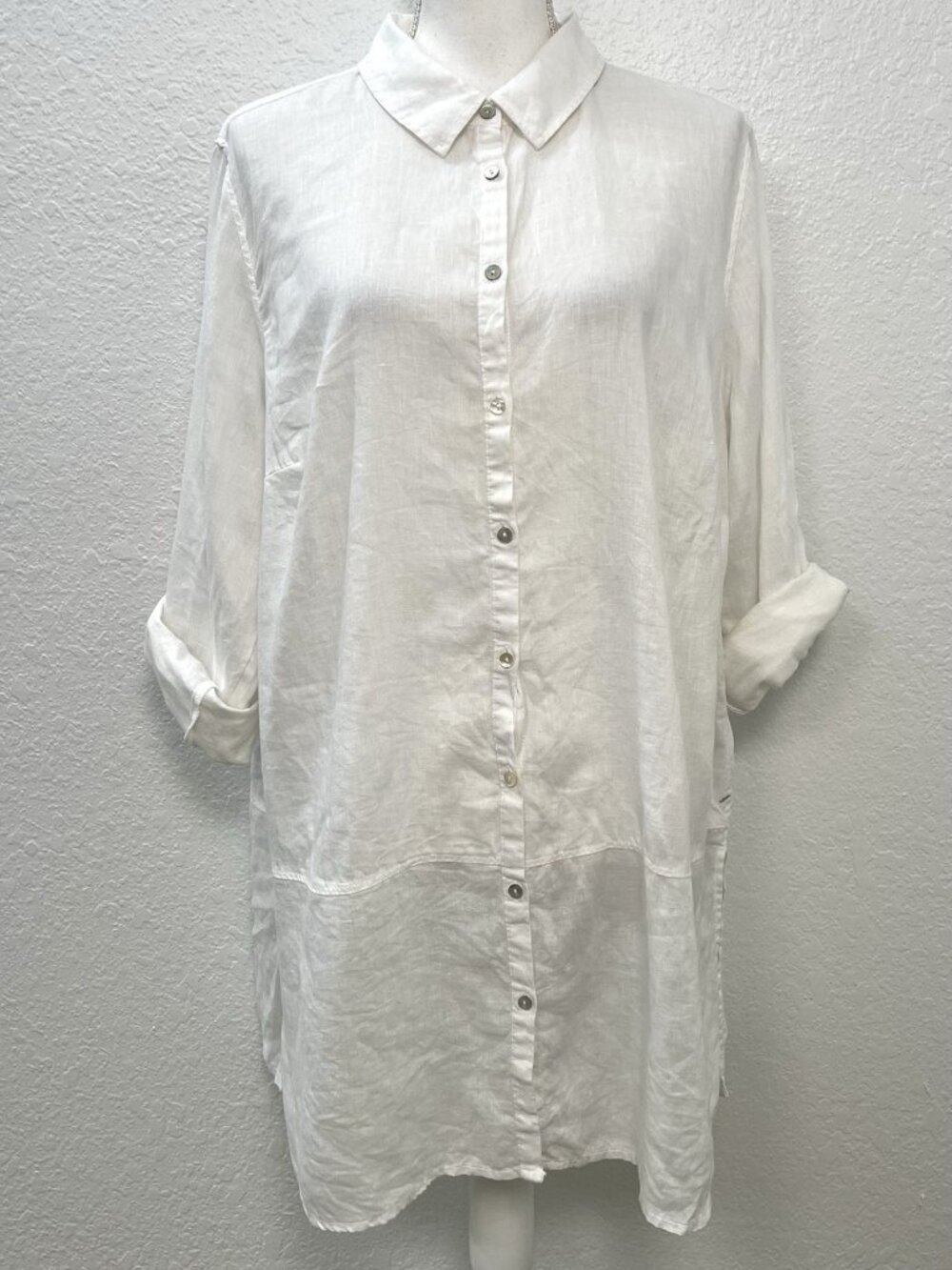 TAHARI Womens Plus Size 1X White 100% Linen Roll-Tab Sleeve Button-Up SHIRT Boho